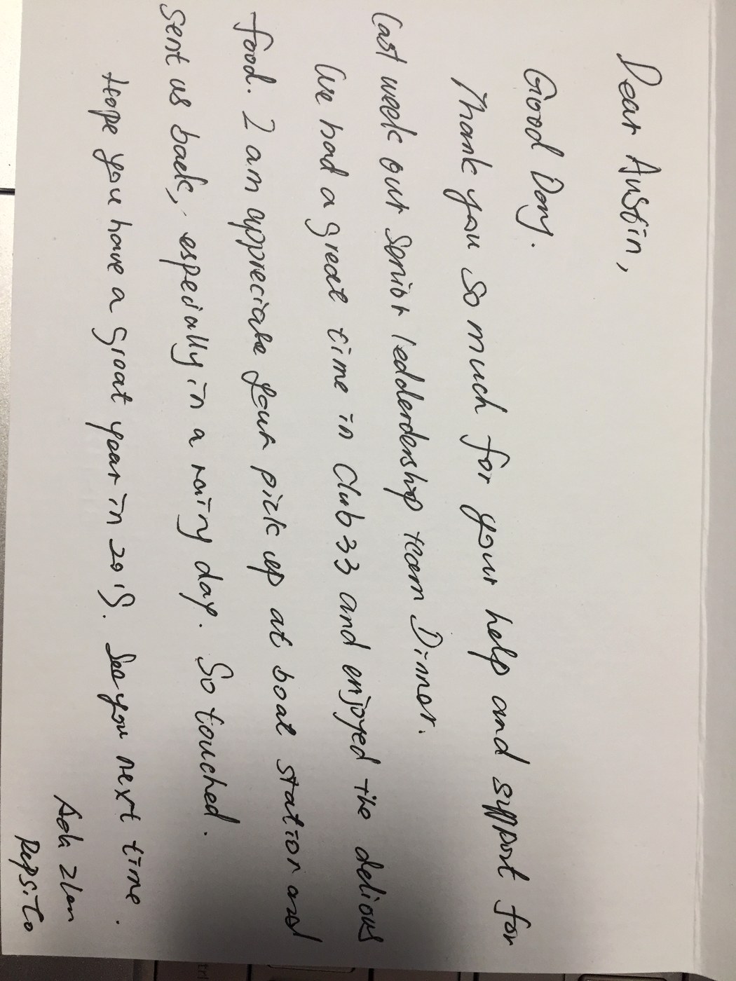 An English thank-you letter to Austin