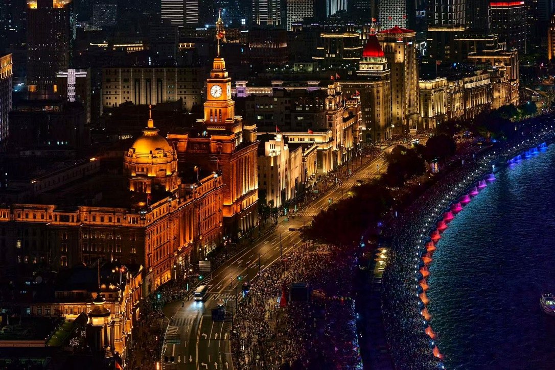 Historic buildings along the Bund at night