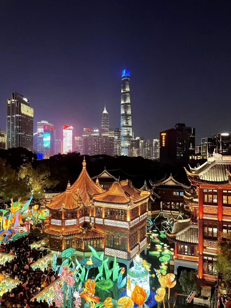 Yu Garden and Shanghai Tower at night